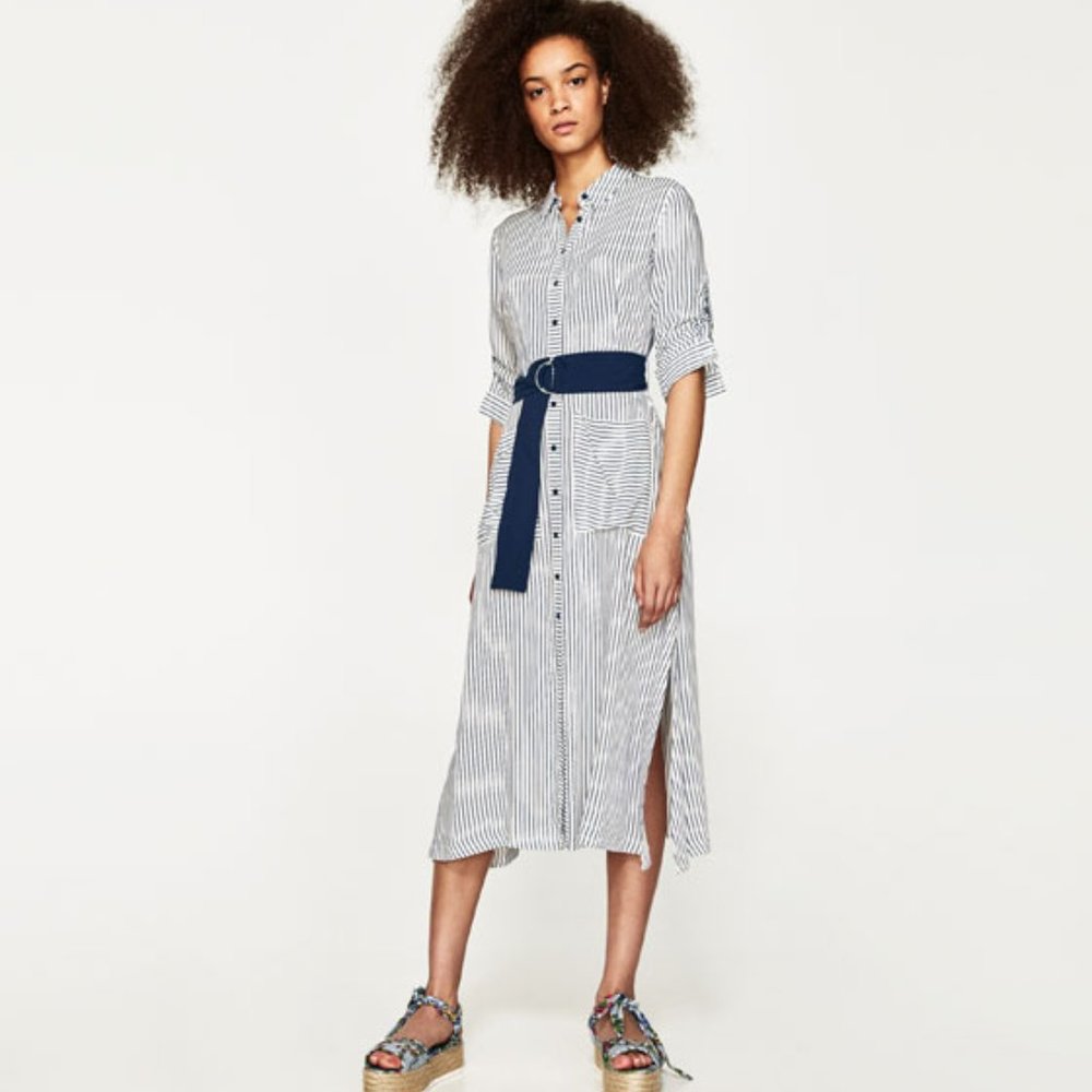 ZARA, SIZE M , WHITE BLUE STRIPE SHIRT DRESS!